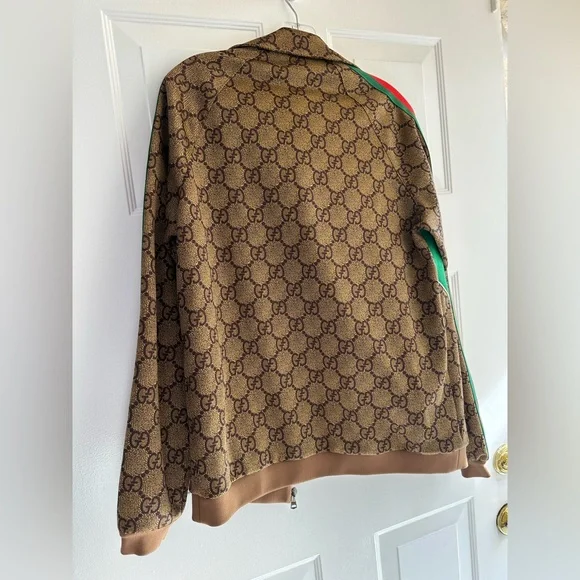 Gucci Brown GG Logo Jacket with Red and Green Stripes
